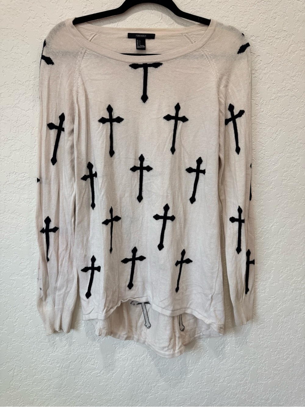 Forever 21 Cream Long Sleeve Top with Black Cross Print
